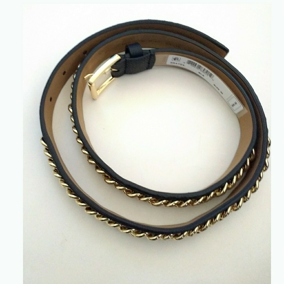 New! MICHAEL KORS Chain-Trim Leather Belt Black - Picture 3 of 4